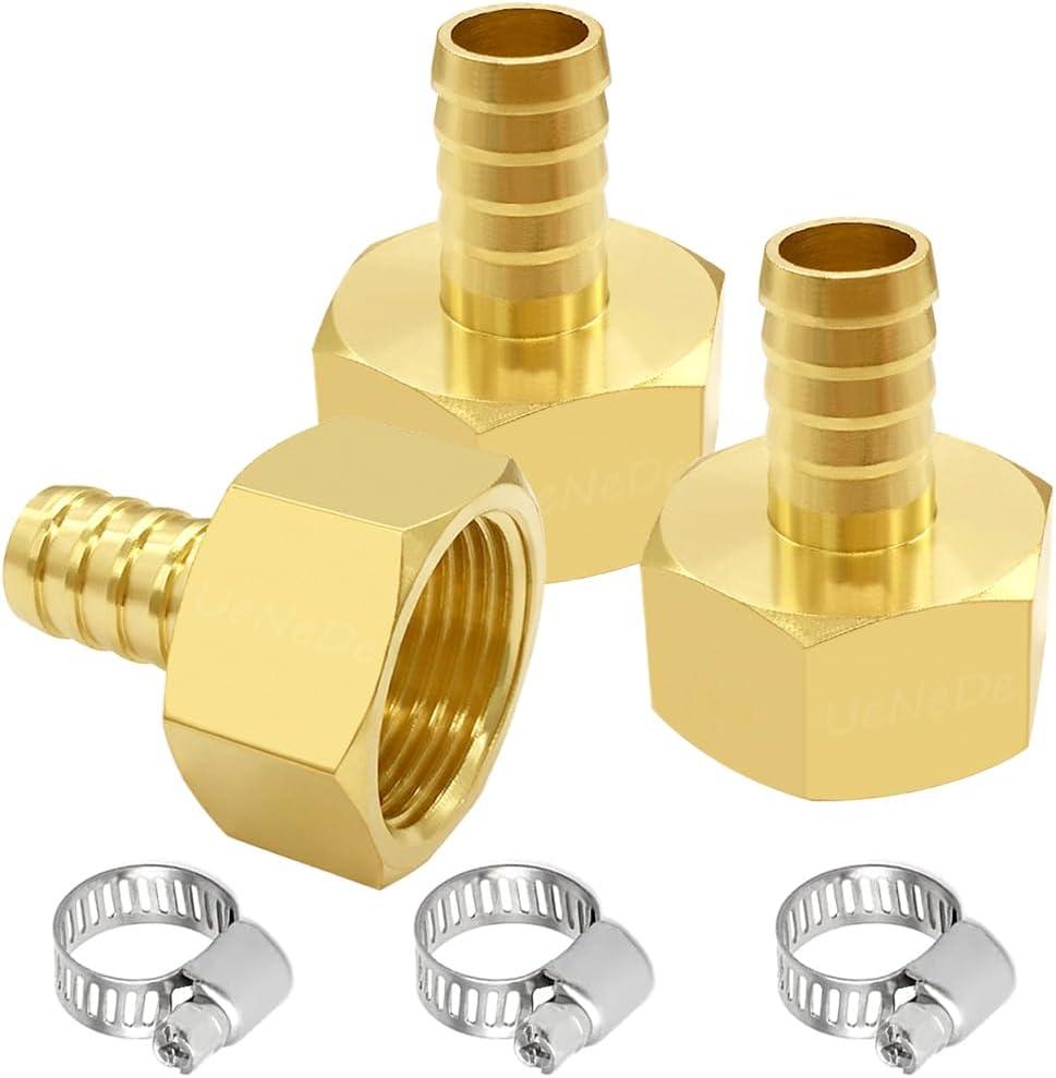 Uenede 3PCS Brass Hose Barb Fittings 3/4" NPT Female to 3/8" Barb Adapter Connector Include 3 Stainless Steel Clamps for Water/Oil/Gas