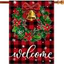 OTOSTAR Welcome Nativity Wreath Garden Flag 28x40 Inch Double Sided Red and Black Buffalo Plaid Winter Holiday Yard Outdoor Decorative Christmas Garden Flag