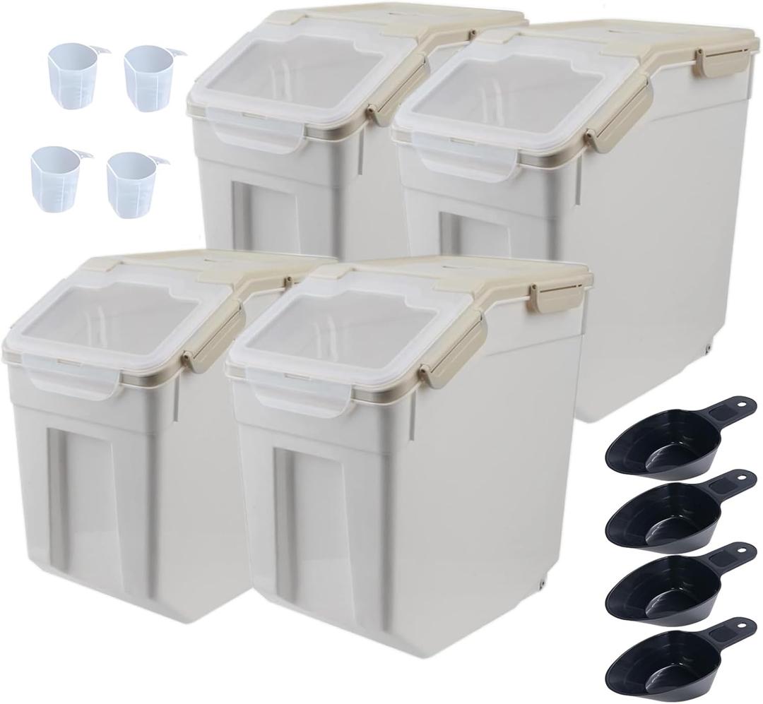 Large Flour Storage Container Bin 25lb, 4Pack Airtight Rice Storage Containers with Wheels Seal Locking Lid, BPA Free with Measuring Cup&Scoop for Flour, Rice, Grain (Gray)