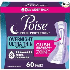 Poise Overnight Ultra Thin Incontinence & Postpartum Pads with Wings for Bladder Leaks, 8 Drop Extra Absorbent, Long Length, 60 Count (3 Packs of 20)