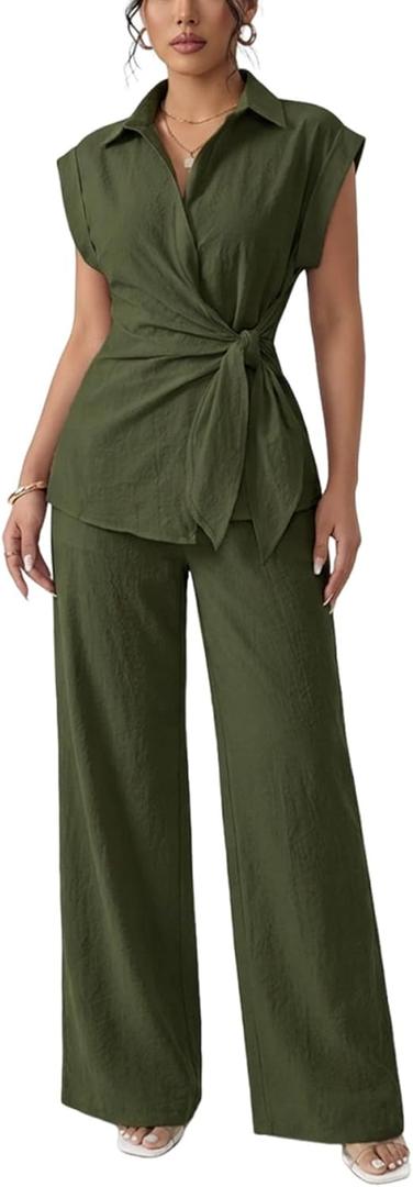 Women's Going Out Two Piece Sets Cap Sleeve Tie Waist Button Down Shirt Wide Leg Pants Dressy Casual Outfits, Medium