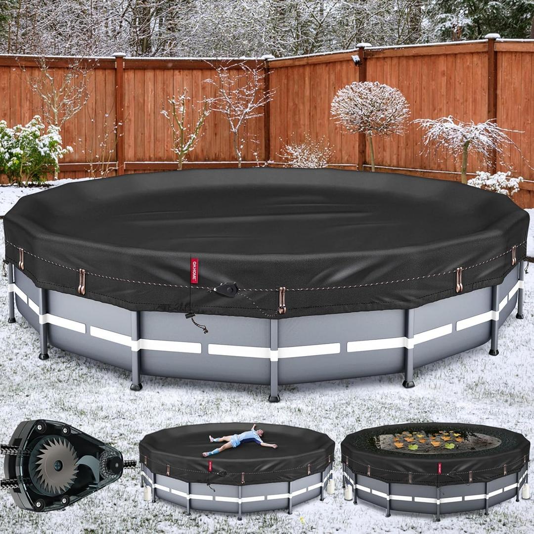 QH.HOME Winter Round Pool Cover for 15 Ft Bestway/Intex/Coleman Frame Above Ground Pool, [Excellent Windproof ] with Fast Tightening Patented Ratchet& Weight-Bearing Rings,Cold and UV Resistant