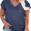 Womens Plus Size Tops V Neck T Shirts Casual Loose Petal Sleeve Tee Shirts (Blue, L)