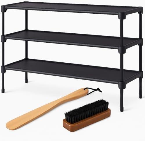Shoe Rack Organizer with Shoe Brush and Shoe Horn, Black, 3-Tier, Metal Frame Storage Shelf for Entryway