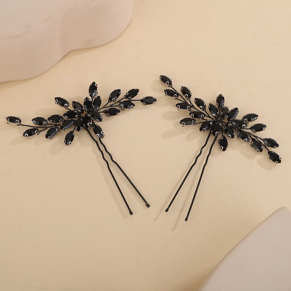 2pcs Black Crystal Beads Hair Pins Wedding Bridal Hair Piece Handmade Sparkle Hair Jewelry for Special Occasion (Black)