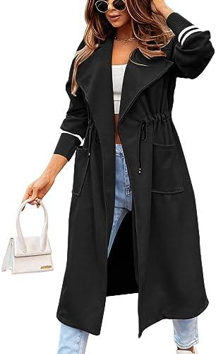 Fazortev Women Coat Pocket Casual Drawstring Waist Open Front Classic Lapel Overcoat S