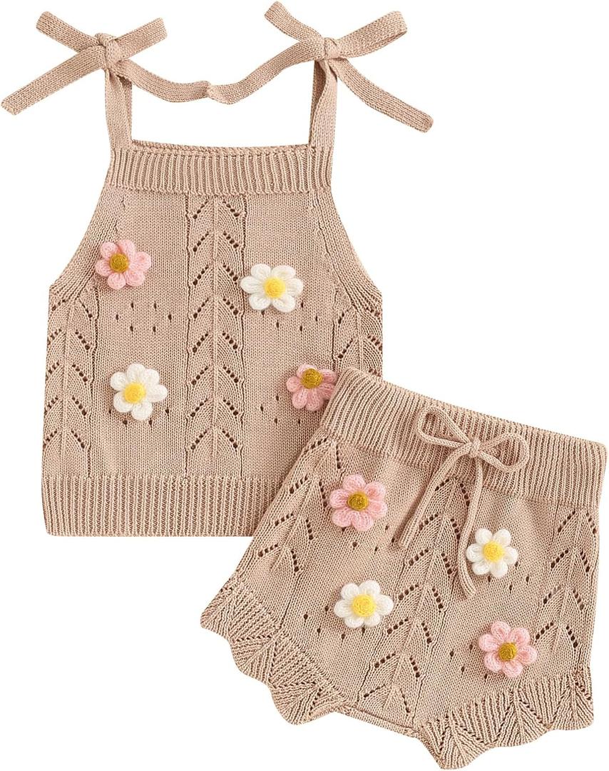 Toddler Girl Fall Outfits Knit Baby Clothes Tie-up Camisole With Elastic Waist Shorts 2 Pcs Clothing Set (18-24 Months)