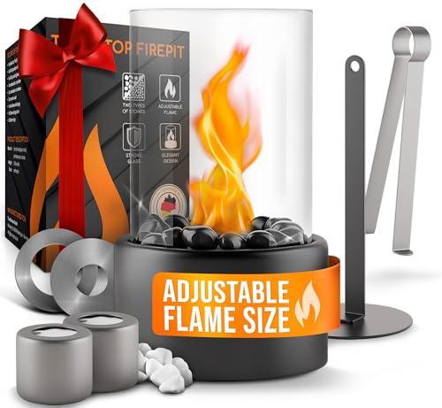 Flammtal Tabletop Fire Pit [4h Burning Time] - Indoor & Outdoor - Ethanol Table Top Fire Bowl with Black & White Stones - Portable Fire Pit with 2 Combustion Chambers