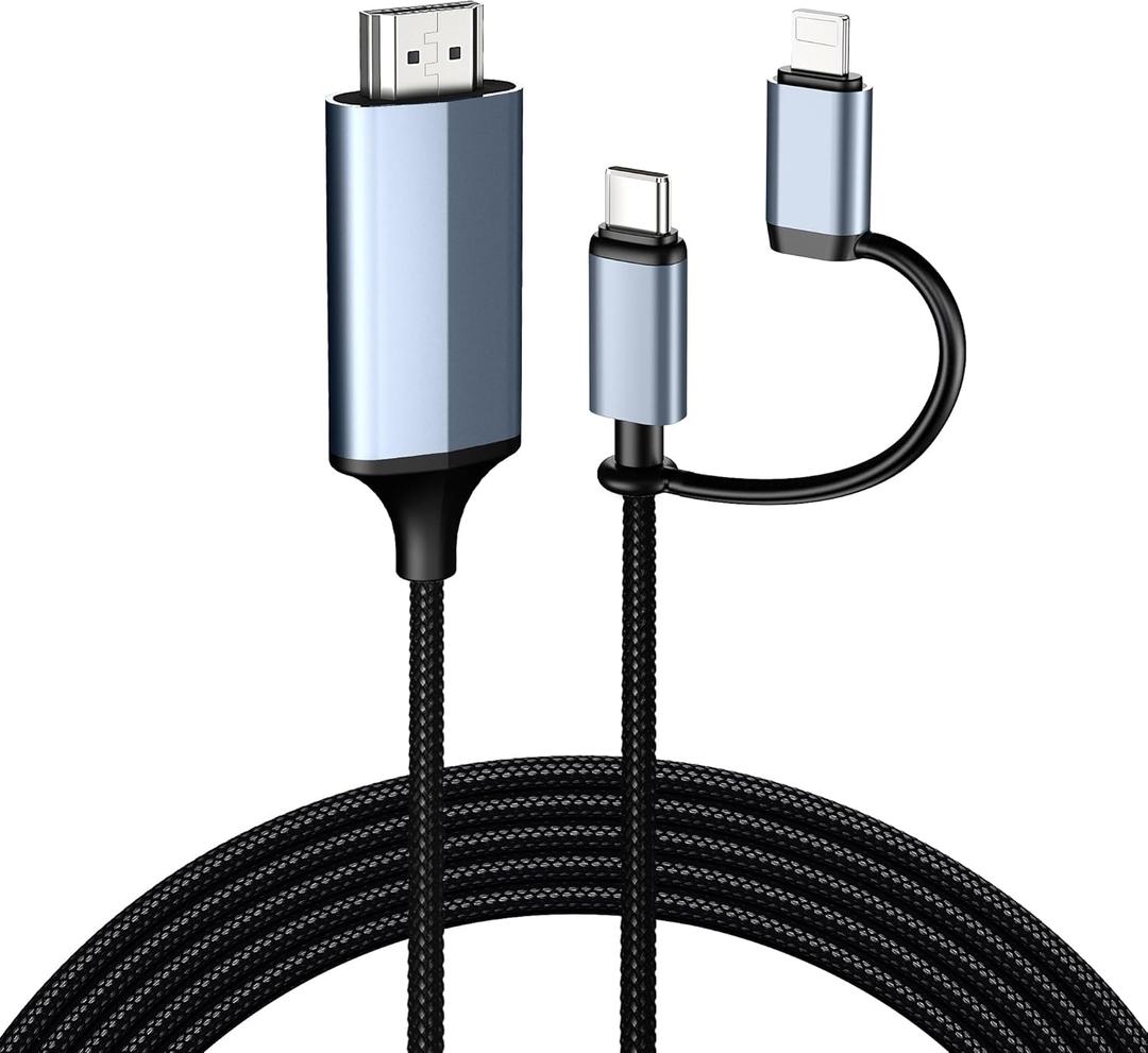 2-in-1 Lightning & Type C to HDMI Cable [6FT], HDMI Cable for iPhone, Dual Interface for All iPhones (17/16/15/14/Pro/Max) & iPad Pro/Air, Sync Video and Sound (Not for Laptops or Android)