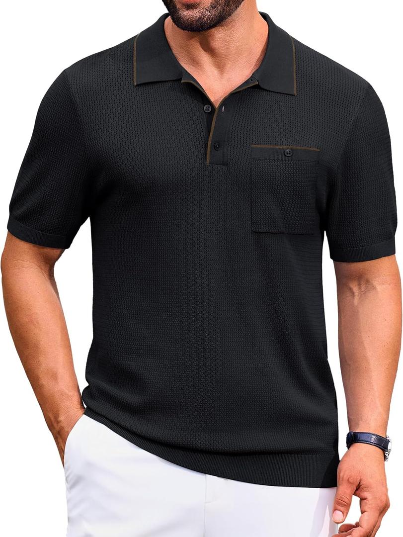 Cotrasen Mens Casual Knitted Polo Shirts Short Sleeve Collared Knit T Shirts Summer Golf Shirts with Pocket (X-Large, Black)