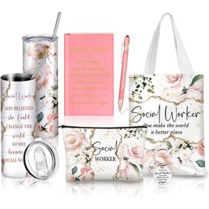 6 Pcs Social Worker Appreciation Gifts Include 20 Oz Tumbler Canvas Bag Notebook Pen Social Worker Must Haves for Bsw Msw Dsw Lcsw Coworker Volunteer Office Supplies