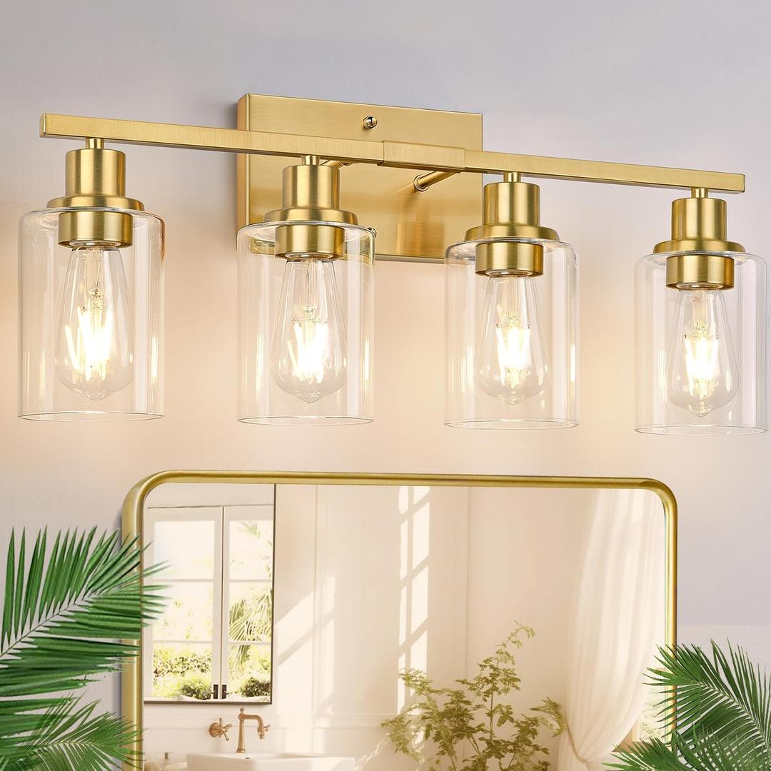 Indoi 4-Light Vanity Lights with Clear Glass Shades, Brushed Gold Bathroom Light Fixtures Over Mirror, Modern Bathroom Wall Lamp for Mirror Living Room Cabinet Bedroom Porch