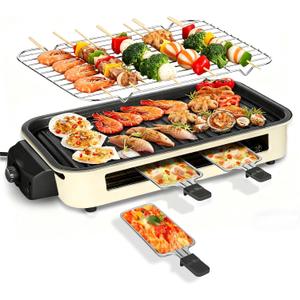 Electric Indoor Grill 1500W, YOHAWJAN 2 in 1 Smokeless Indoor Grills with Non-stick Removable Grill & Griddle Plate, Temperature Control, Portable Korean BBQ Grill with 3 Raclette Cheese Pans
