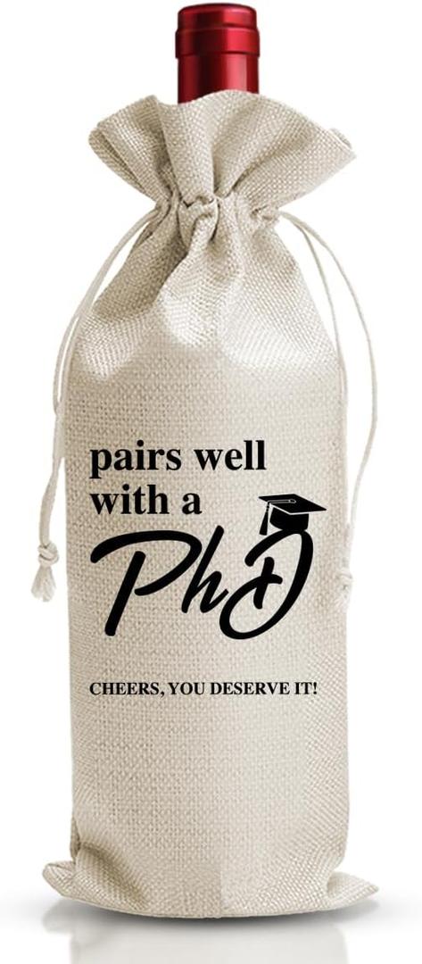 PHD Graduation Gift Wine Bag, Doctorate Gifts For Friend Her Him Woman Man Doctor, Graduation Party Decor Supply, Pairs Well With Doctorate Degree, Achievement Thank You Gift, Linen Wine Bag
