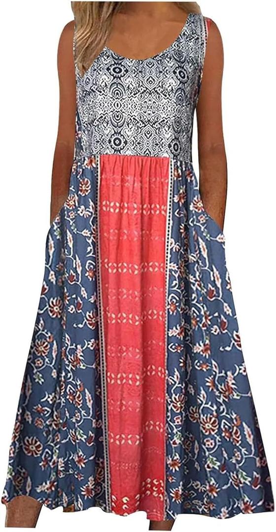 Women's Boho Floral Sleeveless Maxi Sundresses Casual Loose Summer Beach Vacation Tank Dresses with Pockets, S 