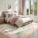 Morebes Pink Floral 8x10 Washable Rug for Living Room, Cute Large Area Rugs for Girls Bedroom Non Slip, Soft Low Pile Indoor Carpet for Nursery Playroom Kids Dining (Pink 8'x10')