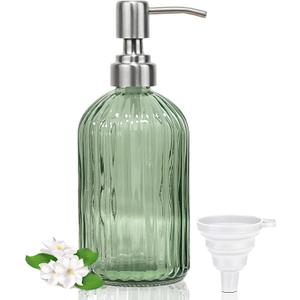 14Oz Green Soap Dispenser Bathroom, Clear Glass Hand Soap Dispensers with Stainless Steel Pump, Refillable Dish Soap Dispenser with Funnel for Kitchen, Countertop Soap Dispensers