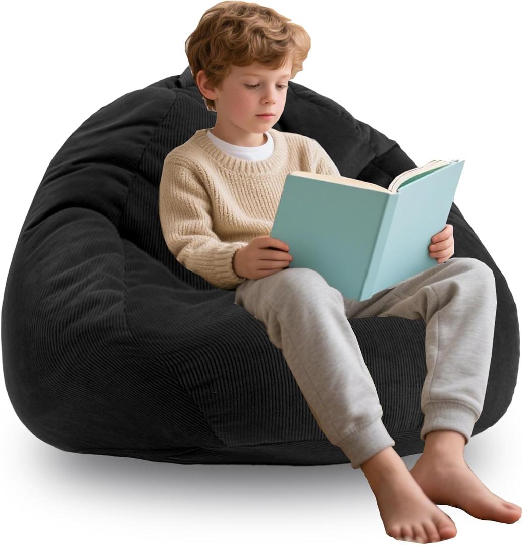 ENBAOHUI 3FT Memory Foam Bean Bag Chairs for Teens or Kids with Filling Bean Bag Sofa with Handle Super Soft Corduroy Fabric Lazy Sofa, 3 Foot, Black
