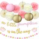 Pumpkin Fall Thanksgiving Baby Shower Decoration 15 Pcs a Little Pumpkin is on The Way Banner Tissue Pom Poms Paper Lantern Fan for Birthday Baby Shower Gender Reveal Party Decor(Pink)