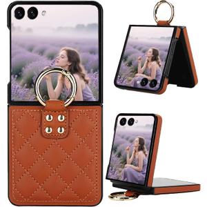 Ephoou for Samsung Galaxy Z Flip7 Case with Ring Holder, Durable Soft Rhomboid PU Leather Cover with Hinge Protection Anti-Scratch Shockproof Slim Case for Samsung Z Flip 7 ZXF-Brown