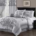 Chezmoi Collection 7-Piece Jacquard Floral Comforter Set (Queen, Silver/Gray)