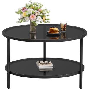 SAYGOER 27.6'' Round Coffee Table 2 Tier Black Glass Coffee Tables with Storage Shelf for Large or Small Space Modern Simple Sofa Table for Living Room Home Office, Easy Assembly