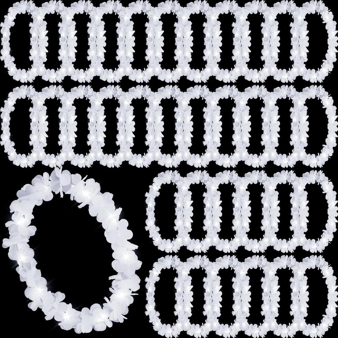 Sherr 24 Pcs LED Leis Light Up Wedding Hawaiian Leis Flower Necklace with LED Lights Beach Tropical Carnival Party Wedding Supplies Luau for Masquerade (White)
