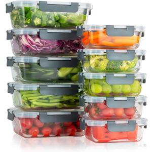 10-Pack Meal Prep Containers with Snap Locking Lids, Glass Airtight Lunch, Food Storage Containers, Microwave, Oven, Freezer and Dishwasher Friendly, Gray