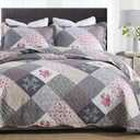 ENJOHOS Farmhouse Quilts King Size - King Quilt Set Grey Bedspread Reversible Patchwork Floral Coverlet Set, Microfiber Lightweight Country Quilts Bedding Set with 2 Pillow ShamsGrey Flower Plaid2