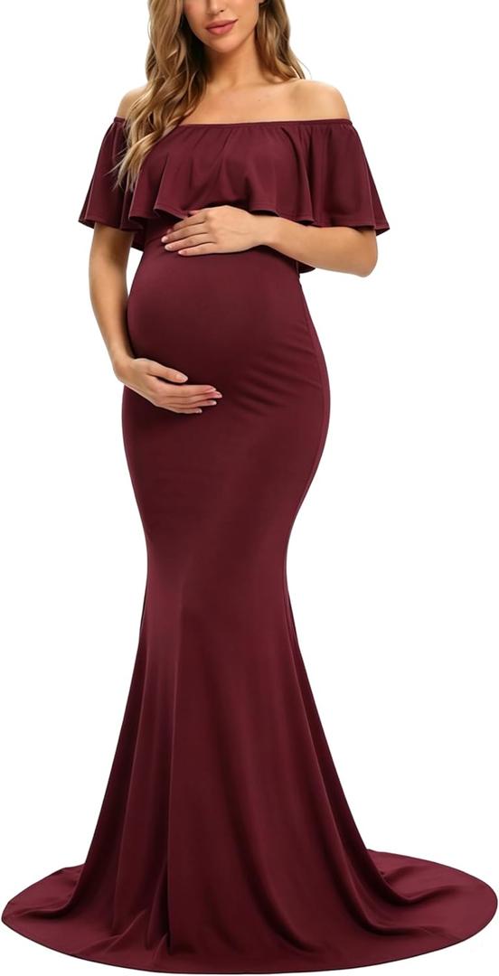 Glampunch Womens Off Shoulder Maternity Dress Ruffles Elegant Slim Gowns Fit Maxi Photography Dress (M)