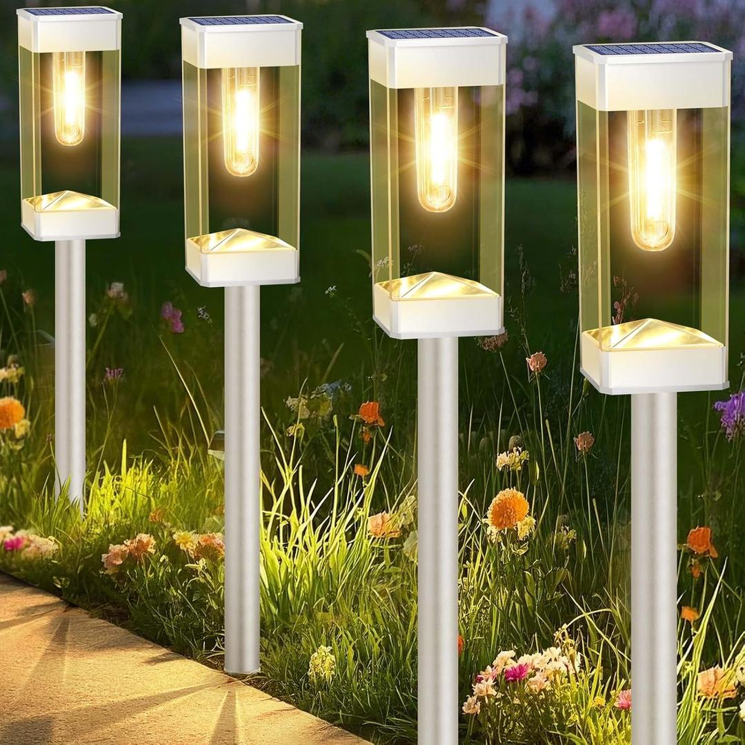 Solar Pathway Lights 8 Pack Solar Outdoor Lights with LED Tungsten Filament Bulb Waterproof Stainless Steel Garden Lighting for Outside Driveway Landscape Lawn Path Christmas (White)