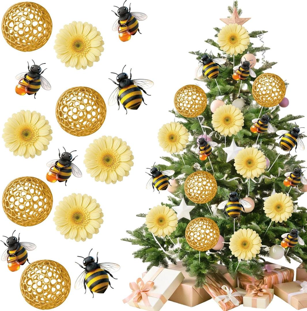 Novabright 16 Pcs Spring Bee Tree Picks Stems Decorations Bee Tree Topper Ornaments Beehive Honeybee Flower Picks for Vase Filler Baby Shower Table Centerpiece Summer Home Party Favor