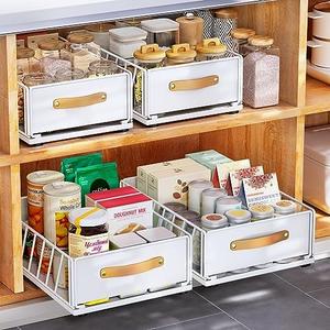 2PCS Pull out Cabinet Organizer,Heavy Duty Slide out Pantry Shelves Drawer Storage with Adhesive Nano Film,Sliding Mesh Cabinet Basket with Handle for Kitchen, Bathroom, Home, 9.8"W X 15.7"D X 6.2"H,White