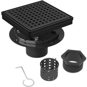 Square Shower Drain | 6 Inch AISI 304 Stainless Steel Shower Drain Kit with ABS Flange, Hair Strainer, Matte Black Shower Floor Drain with Removable Grid Cover, in Bathroom, Kitchen, Balcony etc.