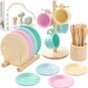 GAGAKU Kids Wooden Play Dishes Set -27Pcs Montessori Play Kitchen Accessories Plates and Bowls Set, Storage Stand & Play Food, Pretend Cooking Toys for Ages 3-5, Educational Gift for Toddler (Macaron Colors With Stands)