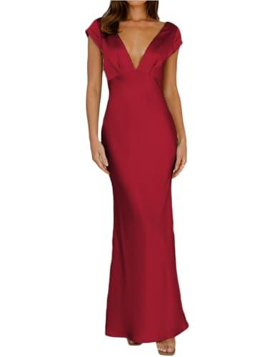 Halfisland Womens Summer Satin V Neck Cap Sleeve Backless Maxi Dress Elegant Twist Cut Out Midi Dresses Wedding Guest Burgundy S