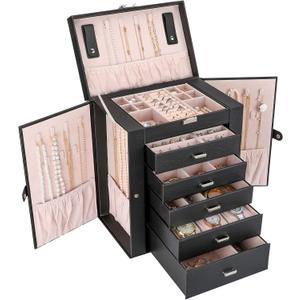ProCase Large Jewelry Organizer Box for Women, 6 Layers Storage Display Holder Case with Drawers and Dividers for Earrings Necklaces Rings Bracelets, Mother's Day Gift -Black