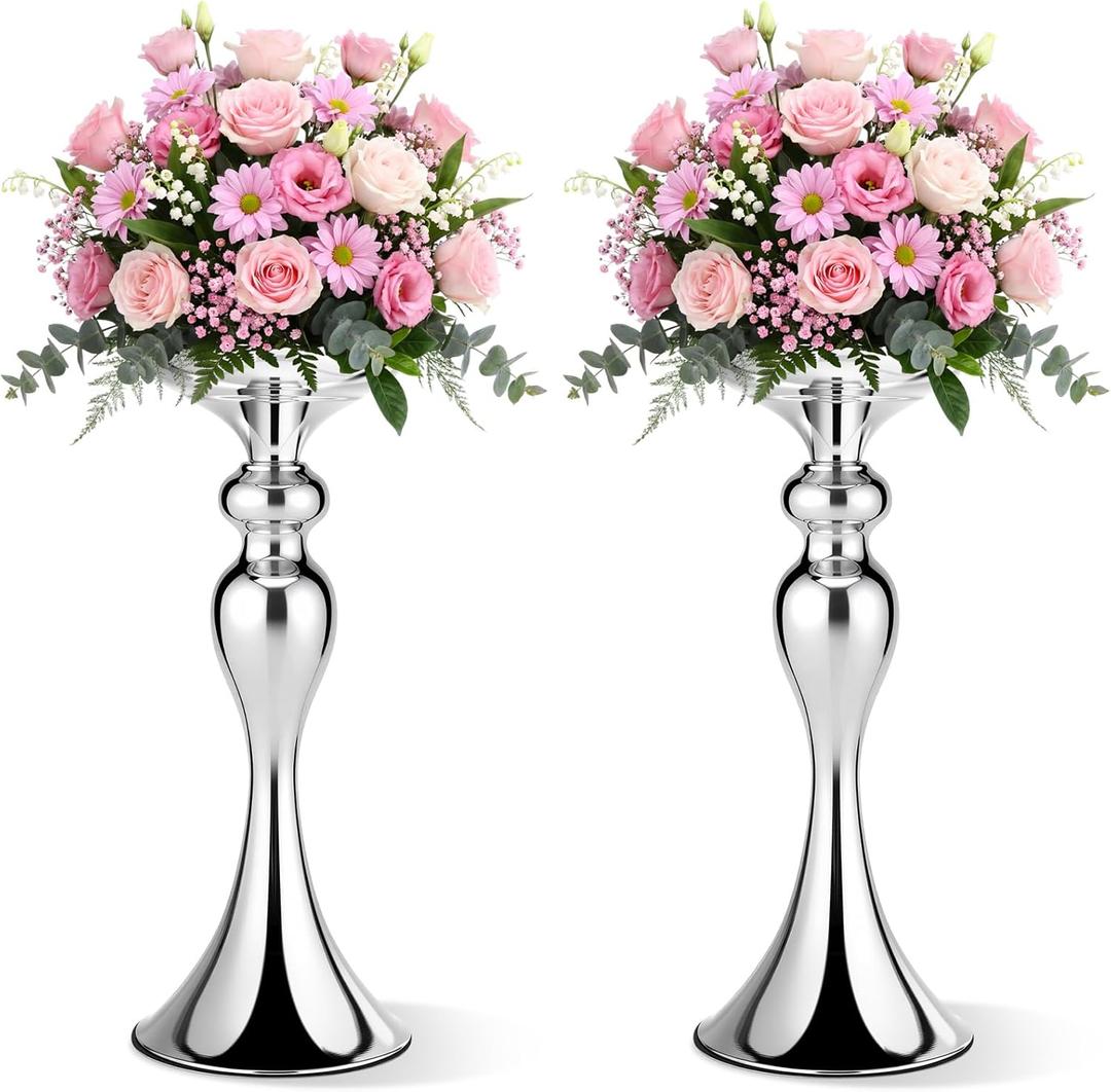 Sadnyy 2 Pcs Sliver Metal Flower Arrangements Stand Tall Wedding Centerpiece Stand Table Decor Flower Vase for Wedding Reception Event Party Dinner Home Decor(12.6 Inch)