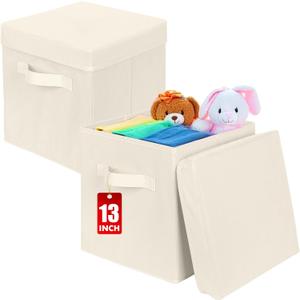 ShellKingdom Storage Bins, Foldable Fabric Storage Cubes with Lid, Clothes Storage Organizer Drawer For Closet Toys Storage, 13 X 13 X 13 INCH, 2 Pack (Beige)