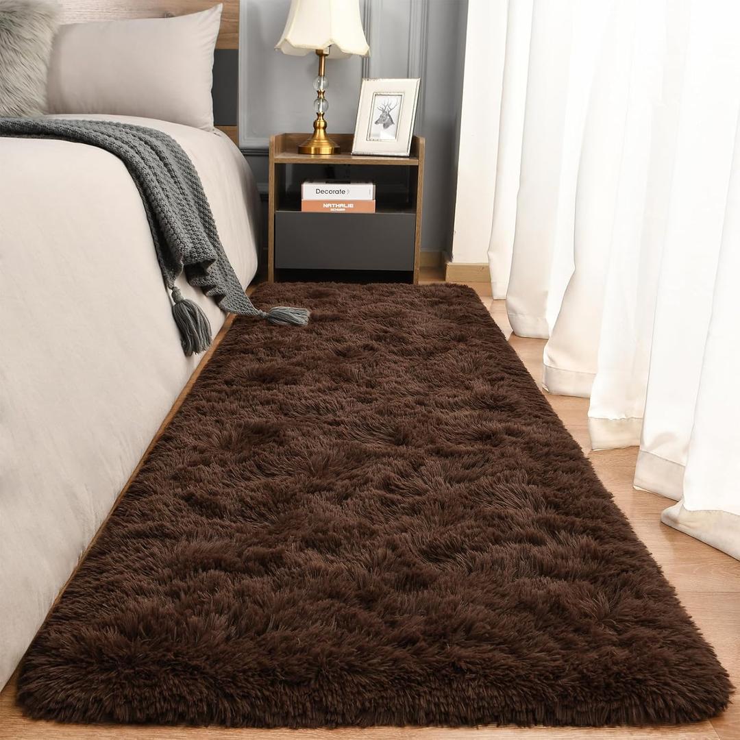 Rugs for Bedroom Long Plush 2x6 Feet Runner Rug for Living Room Ultra Soft Shaggy Carpet for Christmas Home Decor Fluffy Mat Faux Fur Rug for Bedside Nursery Kids Room College Drom, Brown