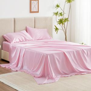 Love's cabin Full Size Satin Sheet Sets - 4 Piece Pink Silky Sheet Set Full with Deep Pocket, Luxury Silk Feel Bed Sheets Full Bedding Set (1 Flat Sheet, 1 Fitted Sheet, 2 Pillow Cases)