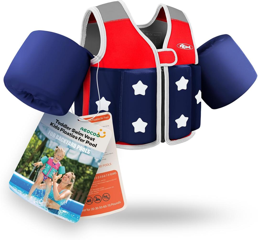 AEOCOO Toddler Swim Vest 50-70 Pounds, Kids Pool Floaties for 5-7-9 Years Old, Comfortable Wear Bright Float Jacket with Water Ring, Unpadded Sides for Arm Comfort, Boys, Girls, Red, L (Chest Size up to 29.53IN, 50-70lb)