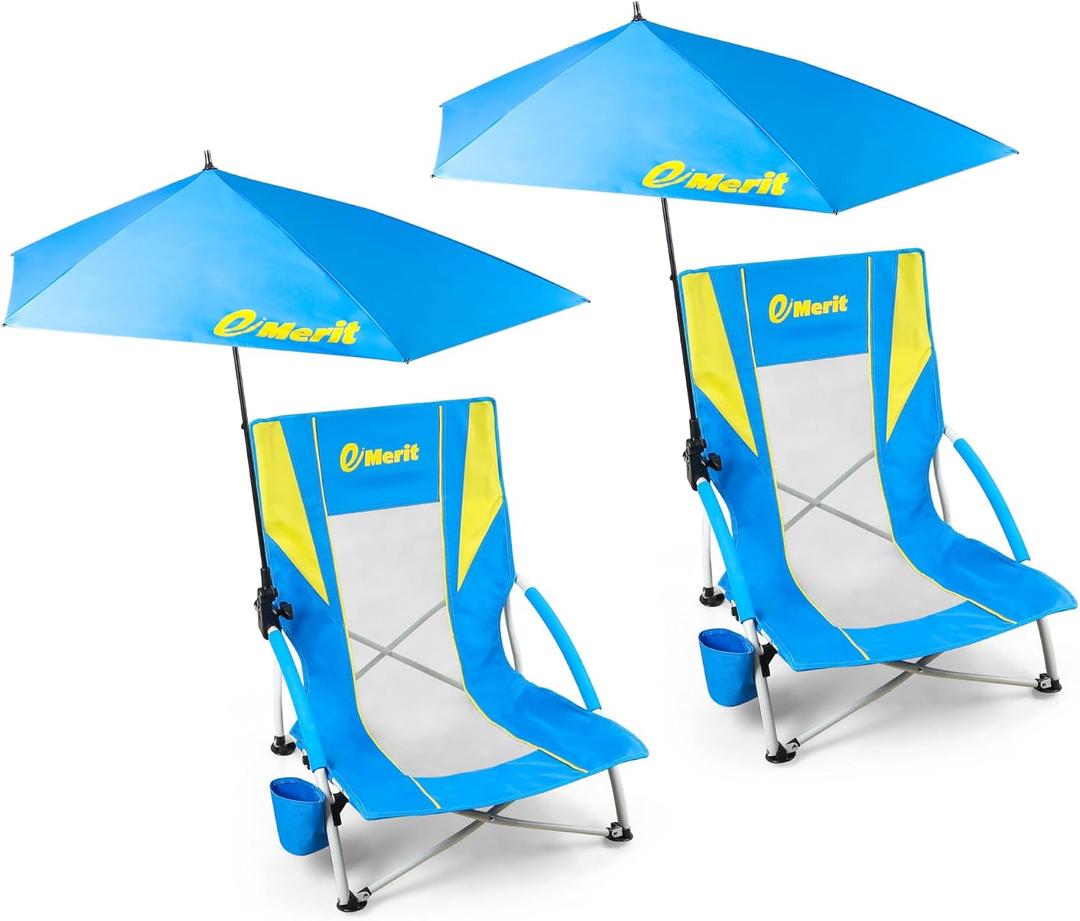 EMERIT Low Beach Chairs for Adults, Sling Beach Chair with Umberalla, Folding Backpack Camping Chair with Cup Holder