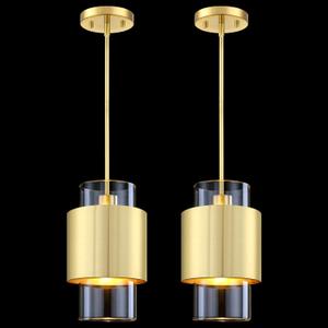 1 Light Hanging Indoor Kitchen Island Pendant Ceiling Light 6" Drum Glass Shade Fixture, Modern Farmhouse Dinning Room Over Sink (Clear Glass Gold, 2 Pack)