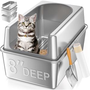 XXL All Stainless Steel Sifting Litter Box with Lid,Sifting Cat Litter Box for Wood Pine Pellets,High Sides Sifter Litter Pan System,Odor Control,Easy to Clean,with Liners and Scoop