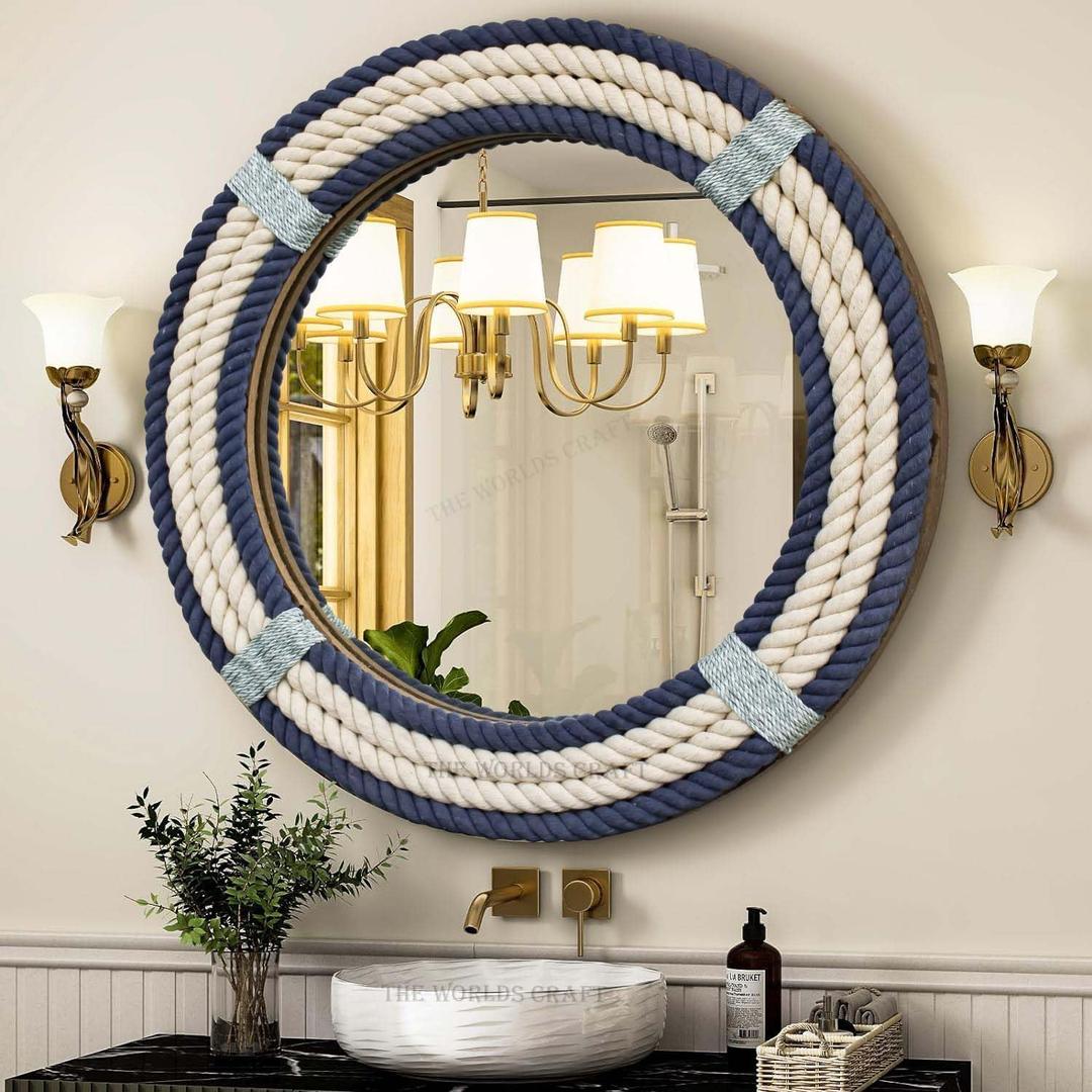 Nautical Round Rope Mirror - White Twisted Rope wall Hanging Mirror, Rustic Boho & Coastal Farmhouse Dcor for Bathroom, Bedroom, Nursery, or Entryway