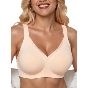 PoseFree Womens Wireless Bras Supportive Tshirt Bra No Underwire Seamless Push Up V Mesh Comfortable Bralette Everyday Bras (Beige, XL)