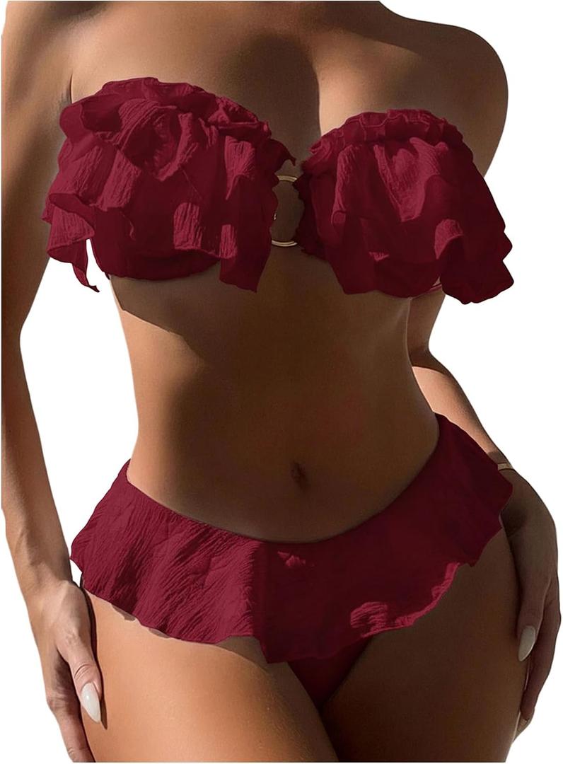 SweatyRocks Women's 2 Piece Bandeau Swimsuit Ruffle Trim Ring Bikini Set Strapless High Cut Bathing Suit, Size M