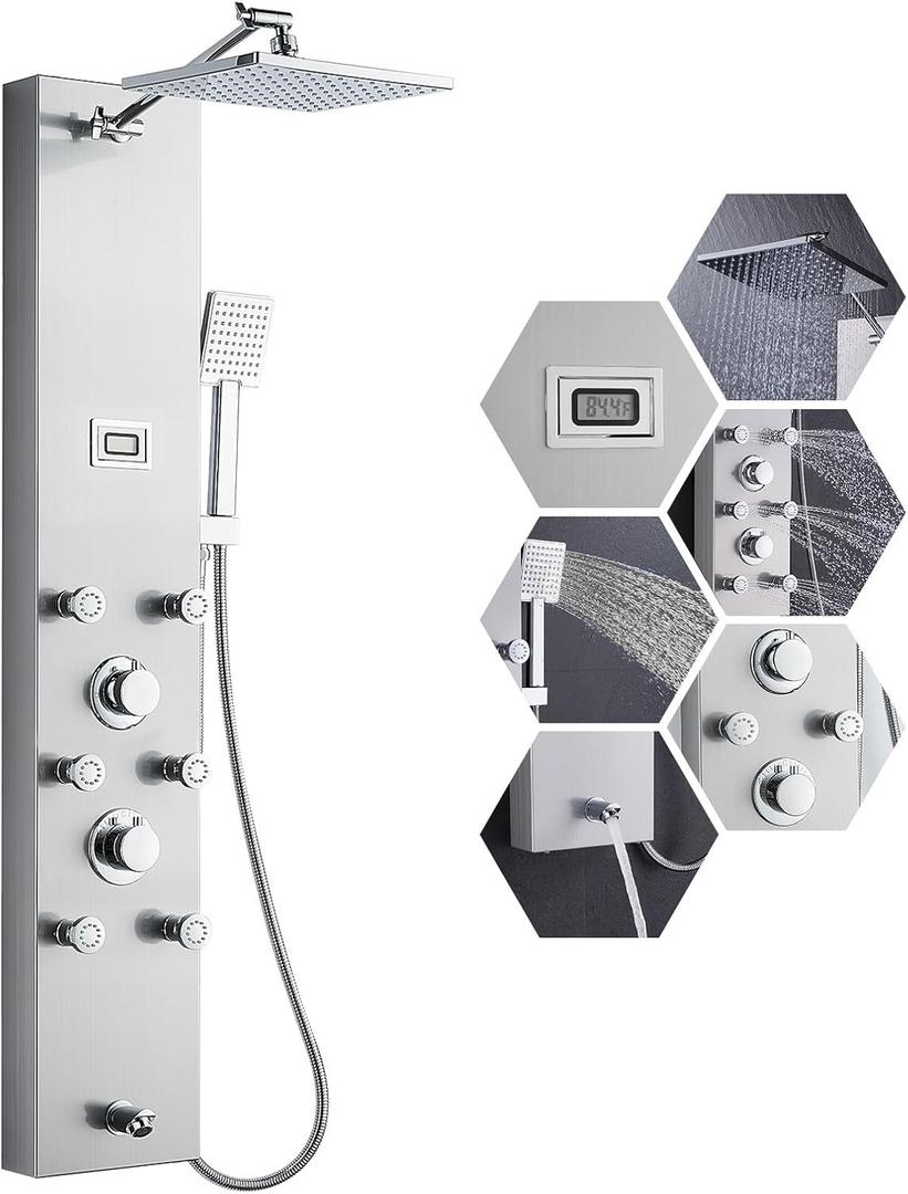 304 Stainless Steel Shower Panels System with 6 Body Jets, Shower Tower with Adjustable 9 inch Rainfall Shower Head, Handheld Shower Wand, Brushed Nickel
