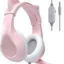 Pink Cat Ears Gaming Headset with Microphone for PS4 Xbox One PS5 Controller, Over Ear Wired Headphones with Mic for PC Computer Mac Laptop and Consoles